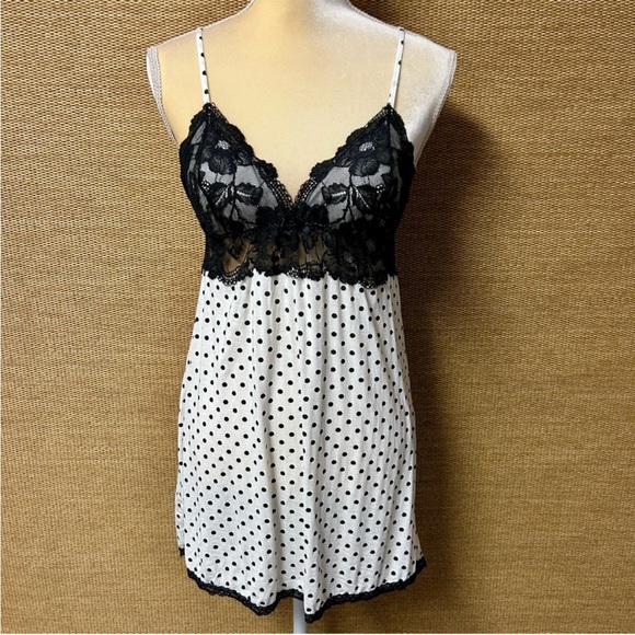 Victoria's Secret Other - Victoria’s Secret Babydoll Nightie Medium Off-White & Black Polka Dot Lace Trim